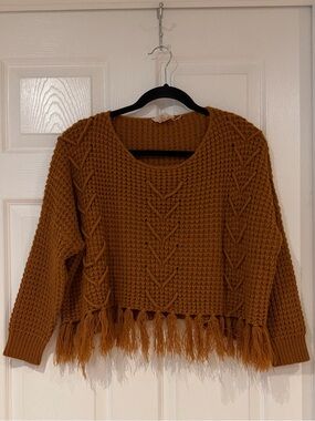 Flawed Anthropologie Moon River Burnt Orange Cropped Sweater Fringe Hem Size S